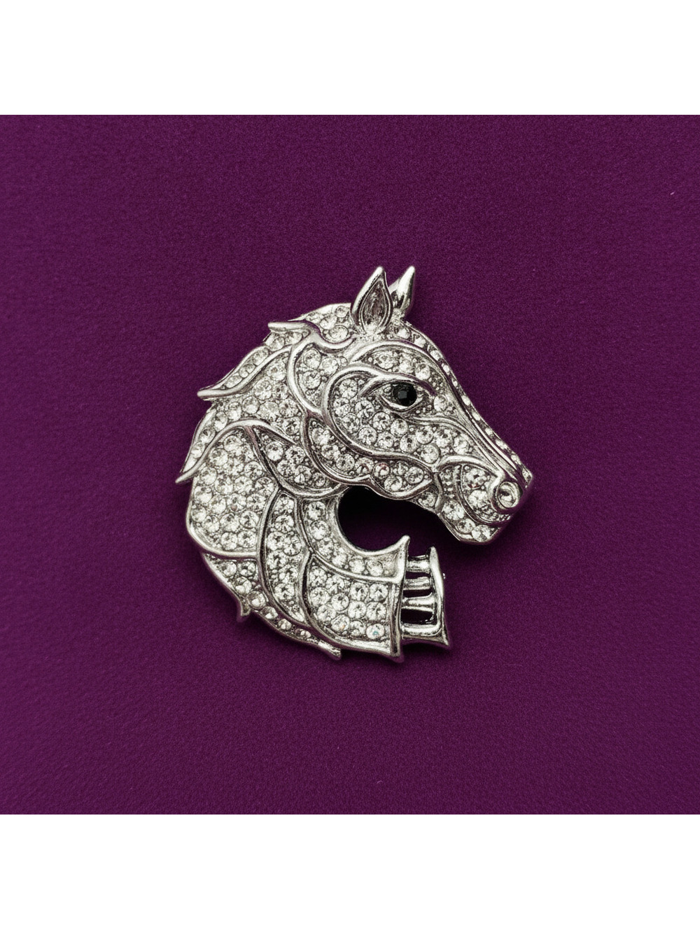 Rhinestone Inlaid Silver Tone Horse Brooch